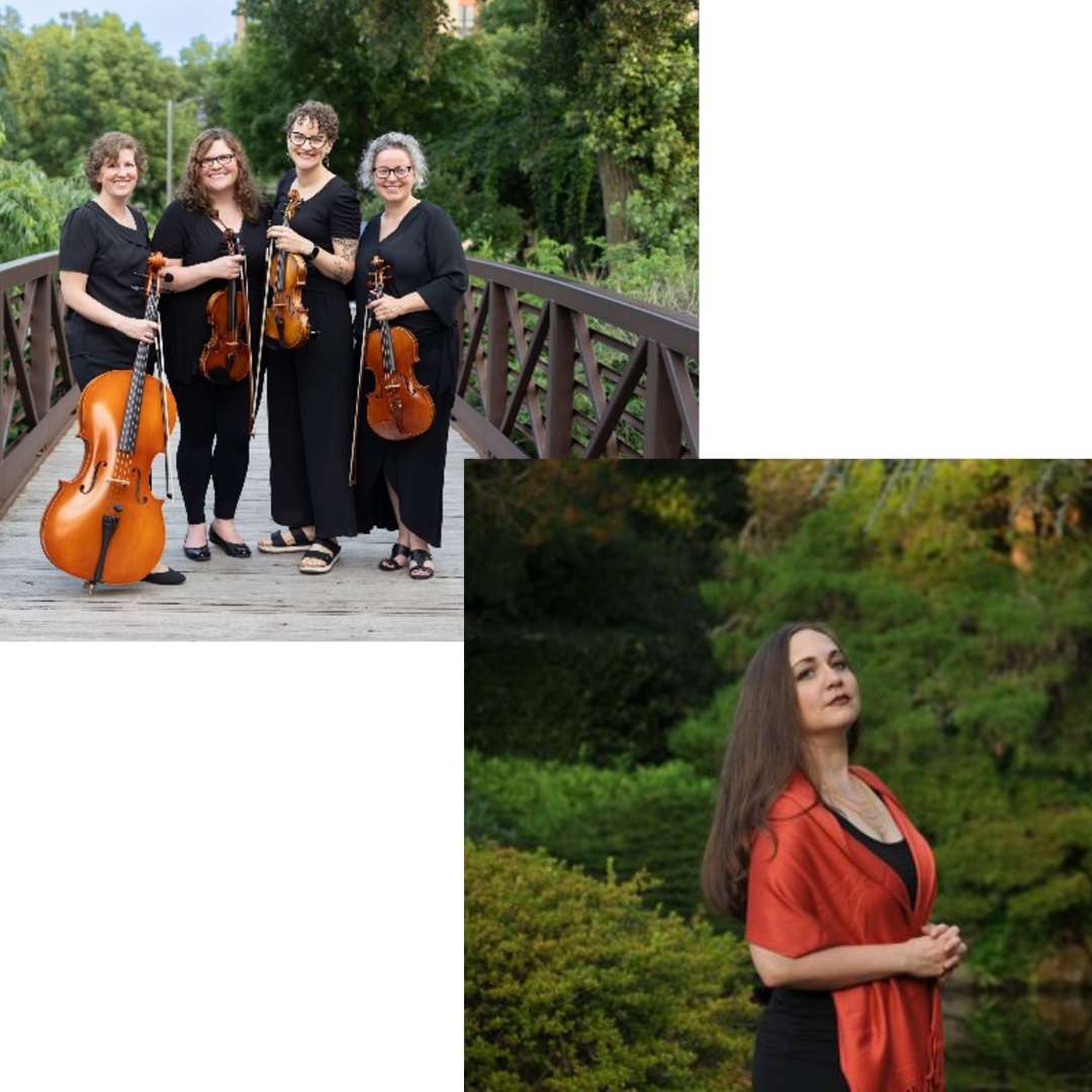 portrait of four string musicians holding their instruments while standing on a bridge in the summer