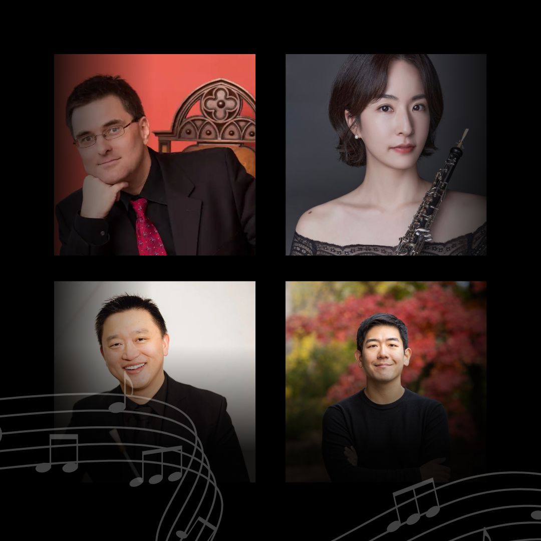 Woodwinds A collage of 4 people on a black background with music notes in front of them.