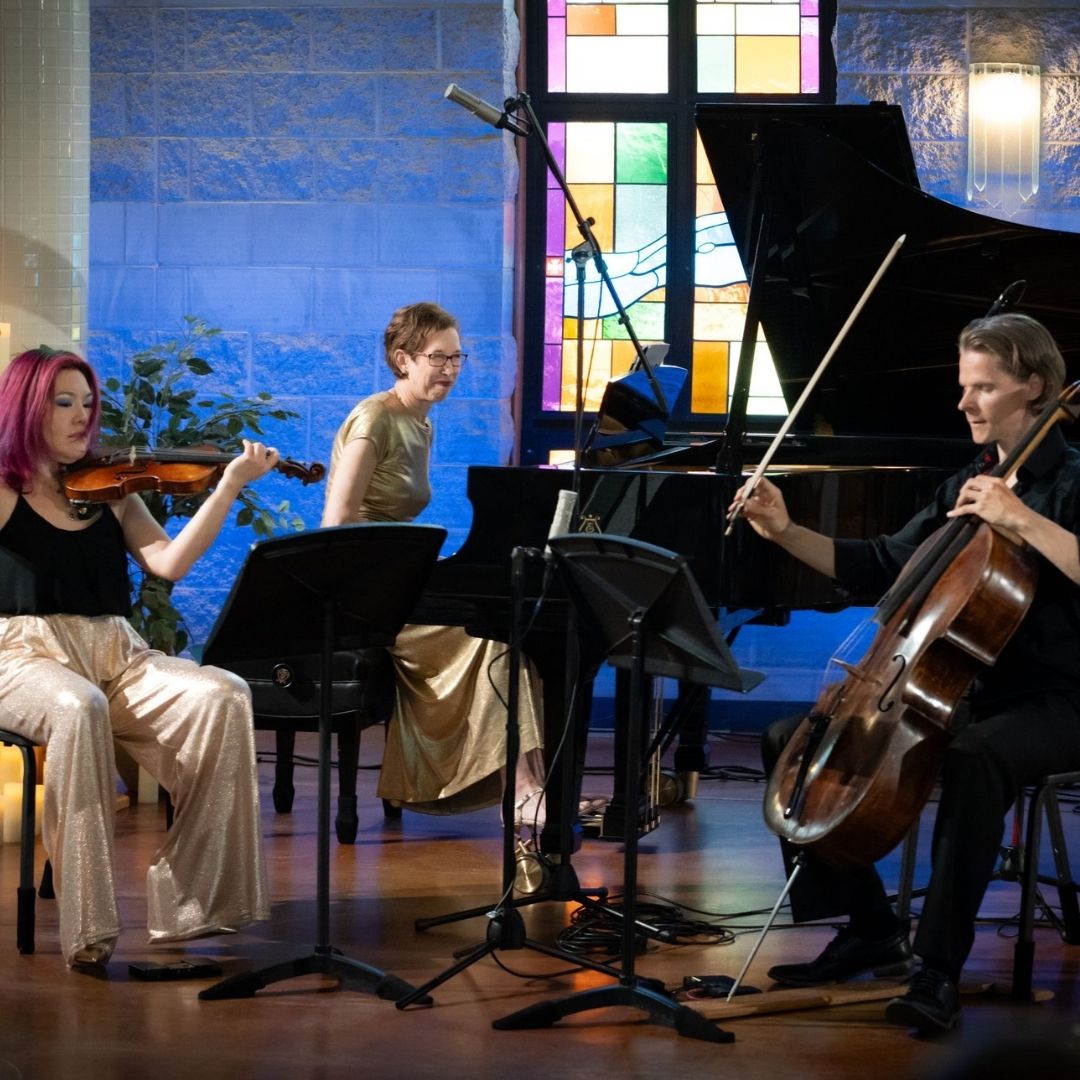 promusica Collage of images of portraits of five musicians on their instruments